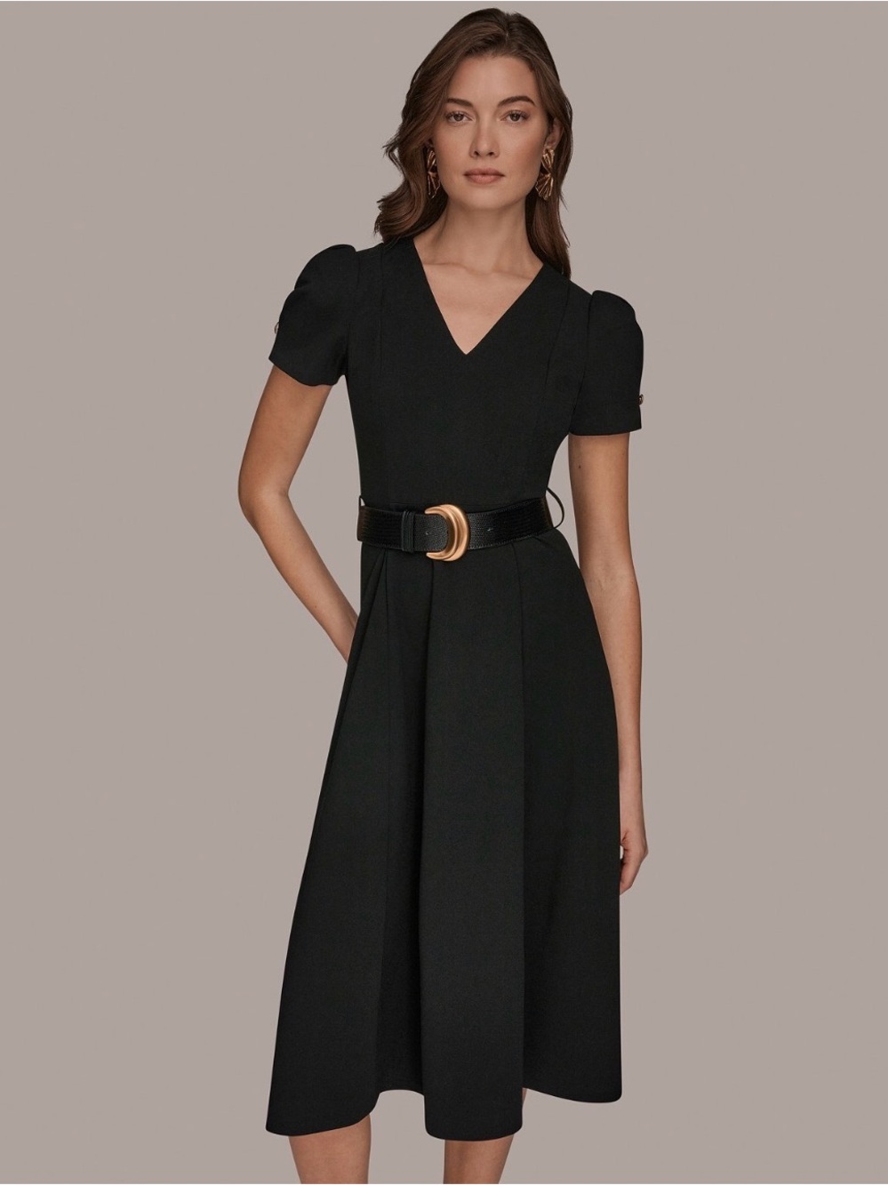 NWT Donna Karan Women's A-Line Belted Midi Dress. Size 10. Black - Picture 2 of 14